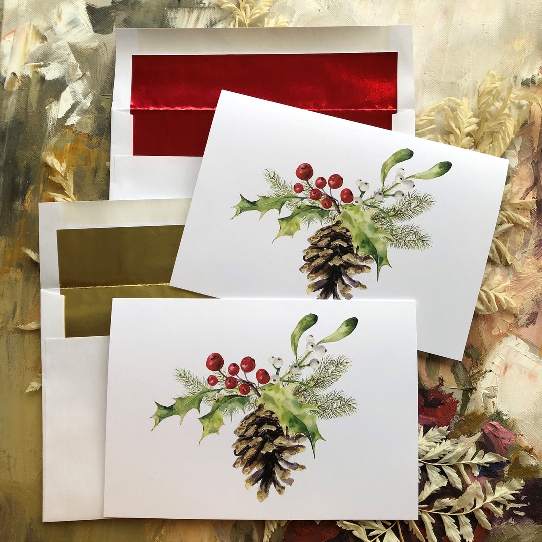 Christmas Cards, Boxed Holiday Cards, Set of 10 Cards With Gold or Red Lined Envelopes, Custom