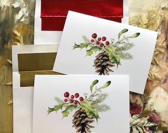 Christmas Cards, Boxed Holiday Cards, Set of 10 cards with Gold or Red Lined Envelopes, Custom Personalization available