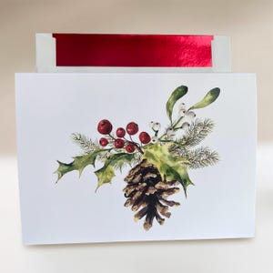 Christmas Card Boxed Set Religious Holiday Card Personalized Watercolor Botanical Greeting Vintage Pine Cone Card Red Foil Lined Envelopes