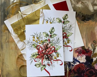 Christmas Cards, 10 Boxed Holiday Bouquet Cards, Red or Gold Foil Lined Envelopes, 10 Message Options and Custom Personalization available