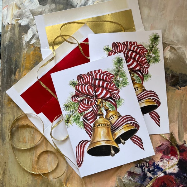 10 Boxed Christmas Cards with Lined envelopes, Christmas Bells with Red Stripped Bow, Message Options and Custom Personalization available