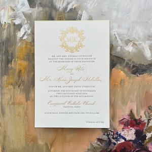 Letterpress and Gold Foil Wedding Invitation Suite, Hand Beveled Edges with Gold Metallic Ink, Customizable Monogram, Gilded Age Collection