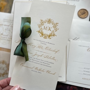 Personalized Wedding Program With Monogram, Catholic Multi-Page Ceremony Program, Custom Ceremony Program with Ribbon, Gilded Age Collection