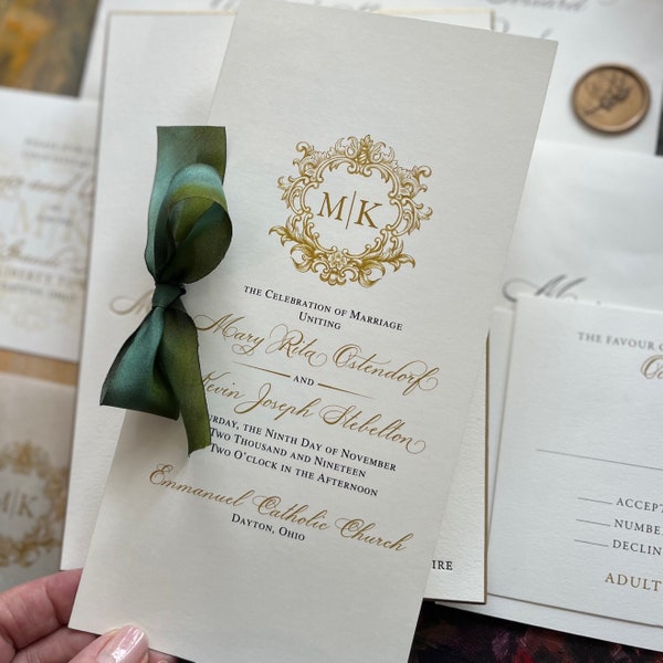 Personalized Wedding Program With Monogram, Catholic Multi-Page Ceremony Program, Custom Ceremony Program with Ribbon, Gilded Age Collection