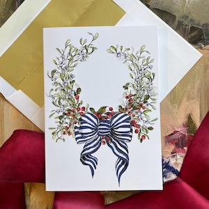 Juego de 10 tarjetas navideñas en caja, tarjeta de acuarela con corona navideña personalizada y sobres con borde dorado, tarjeta de felicitación navideña personalizada