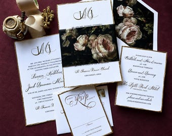 May include: Elegant wedding invitation suite featuring floral accents and gold trim. Includes invitation, RSVP card, and details card. The invitation text includes names, date, time, and location.