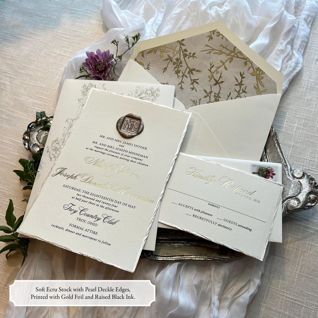 Wedding Invitation Set Gold Foil and Raised Black Ink Custom