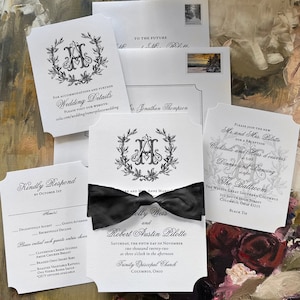 Wedding Invitation Suite tied with Black Silk Ribbon, Classic Custom Wedding Invitation Set Die-Cut with Monogram, Neoclassic Collection