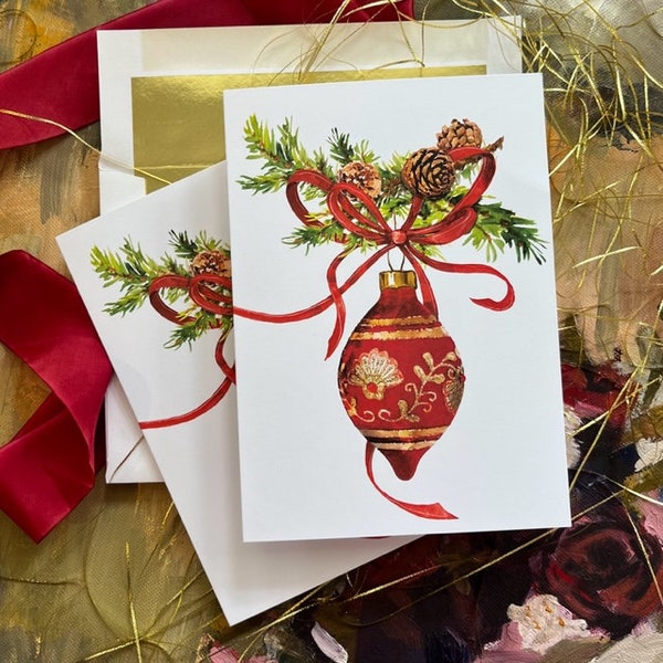 Christmas Cards, 10 Boxed Christmas Cheer Holiday Cards with 10 Message Options and Gold Lined Envelopes, Custom Personalization Available