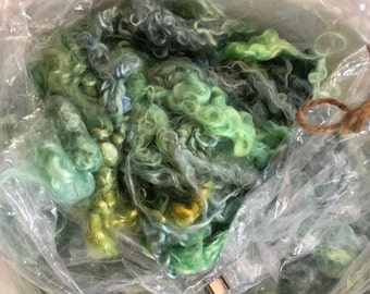 May include: A plastic bag filled with green, blue, and yellow curly yarn.