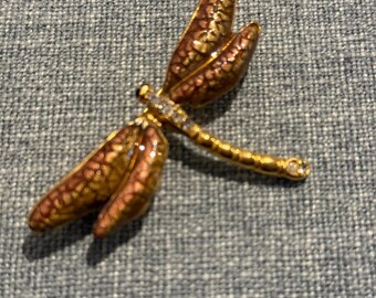 Vintage Enamel Dragonfly Brooch Gold Tone Crystal Accents Vintage Swan Logo