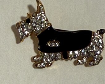 Vintage D'Orlan Rhinestone Enamel Scottish Terrier Scottie Dog Brooch Gold Tone