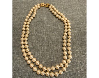 Monet Vintage Double Strand Faux Pearl Necklace Gold Tone Clasp Cream Beads