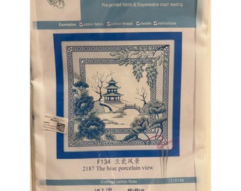 Blue Porcelain View Cross Stitch Kit F134 Pagoda Landscape 14CT 40x40cm NEW