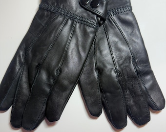 Black Leather Gloves Women Winter Warm Faux Fur Lined Snap Button Classic Small