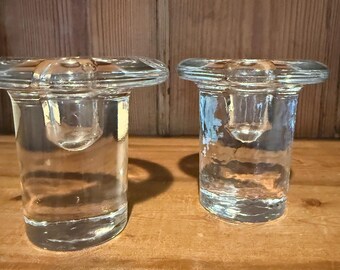 Vintage Blenko Heavy Hand Blown Clear Glass Taper Candle Holders Set 2 Mushroom
