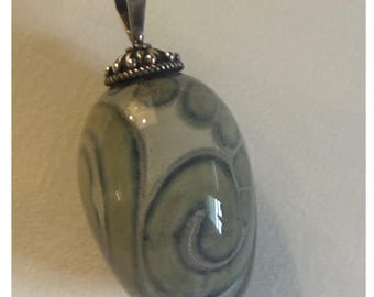 Artisan Sage Green Swirl Art Glass Egg Pendant Silver Ornate Cap 1.5"