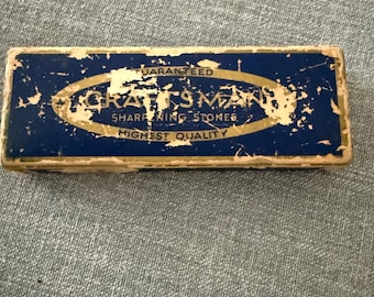 Vintage Craftsman Sharpening Stone in Original Box Blue Gold Oval Logo USA Made