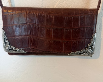 Brighton Brown Crocodile Embossed Leather Crossbody Wallet Bag Silver Western