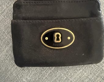 Fossil Black Leather Keyhole Coin Purse ID Card Holder Wallet Brass Hardware