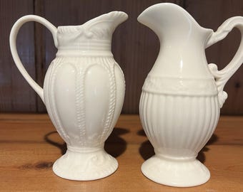 2 Thatcham Creamware England 5" Ivory Intricate Vine/Rib Scroll Pitchers Vintage