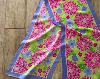 Lilly Pulitzer Ford Warriors in Pink Silk Floral Scarf Pink Green Blue Ribbon