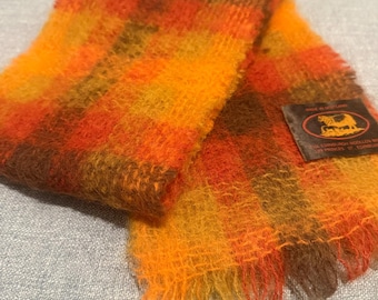 Vintage Edinburgh Woollen Mill Mohair Scarf Made in Scotland Orange Plaid Fuzzy