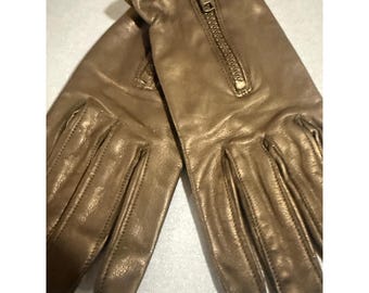 Vintage Dark Brown Leather Zippered Gloves Women Small Medium 9 Inch