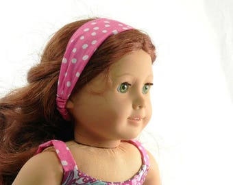 Doll Headband in Pink and White Polka Dot Handmade by Thimbledoodle to fit 18 Inch Dolls