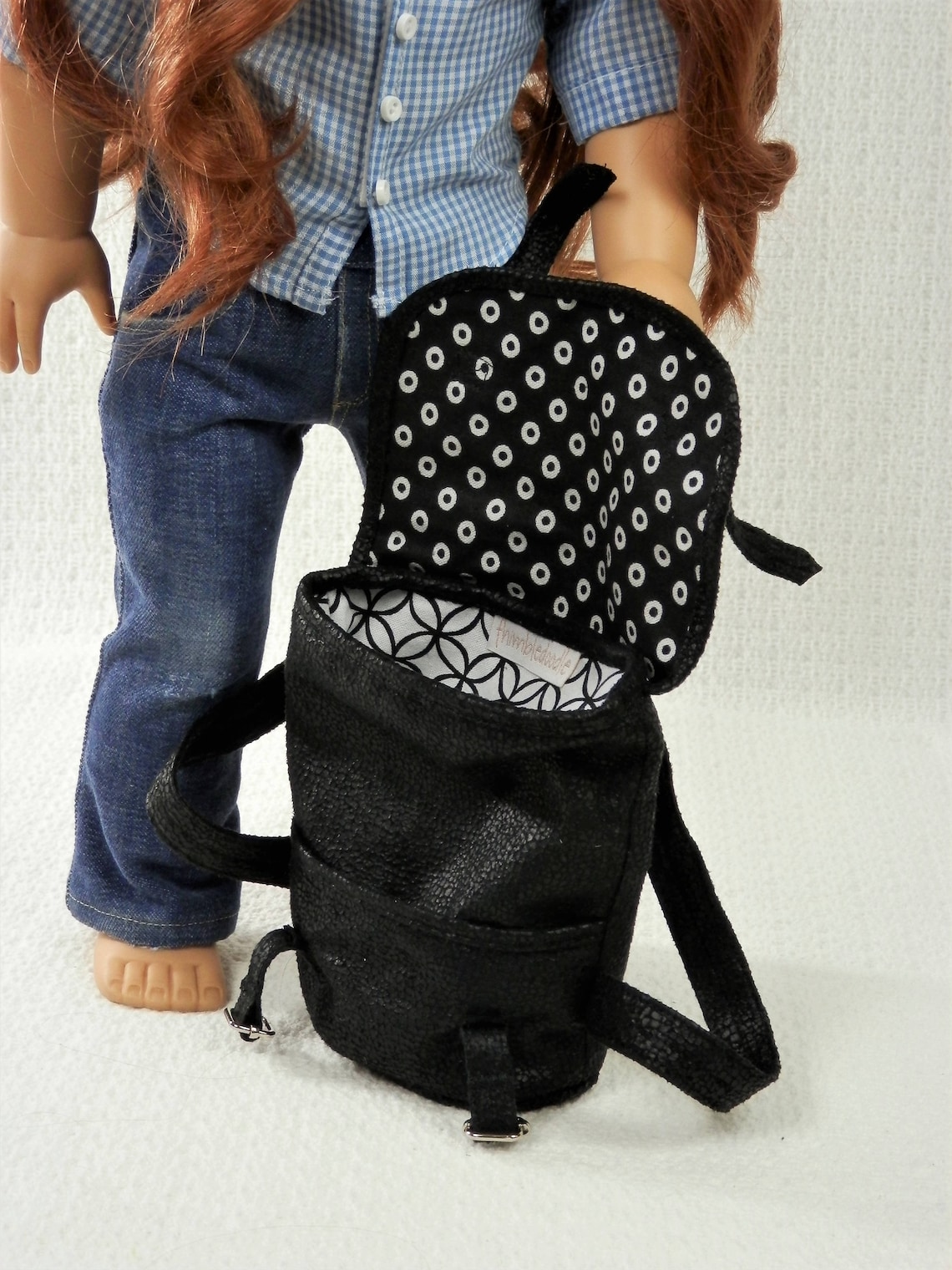Handmade Black Leather Backpack for 18 Dolls / Fully Lined With Functioning Buckles / Faux