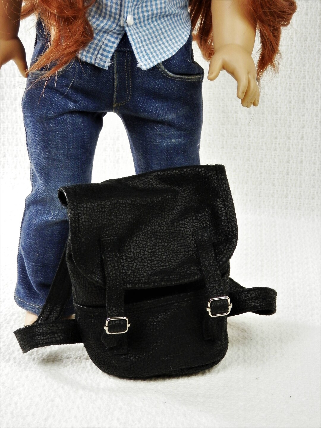 Handmade Black Leather Backpack for 18 Dolls / Fully Lined With Functioning Buckles / Faux