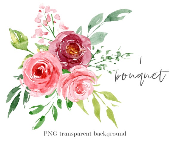 Watercolor Flower Clipart Bouquet With Pink Flowers Of Png Etsy