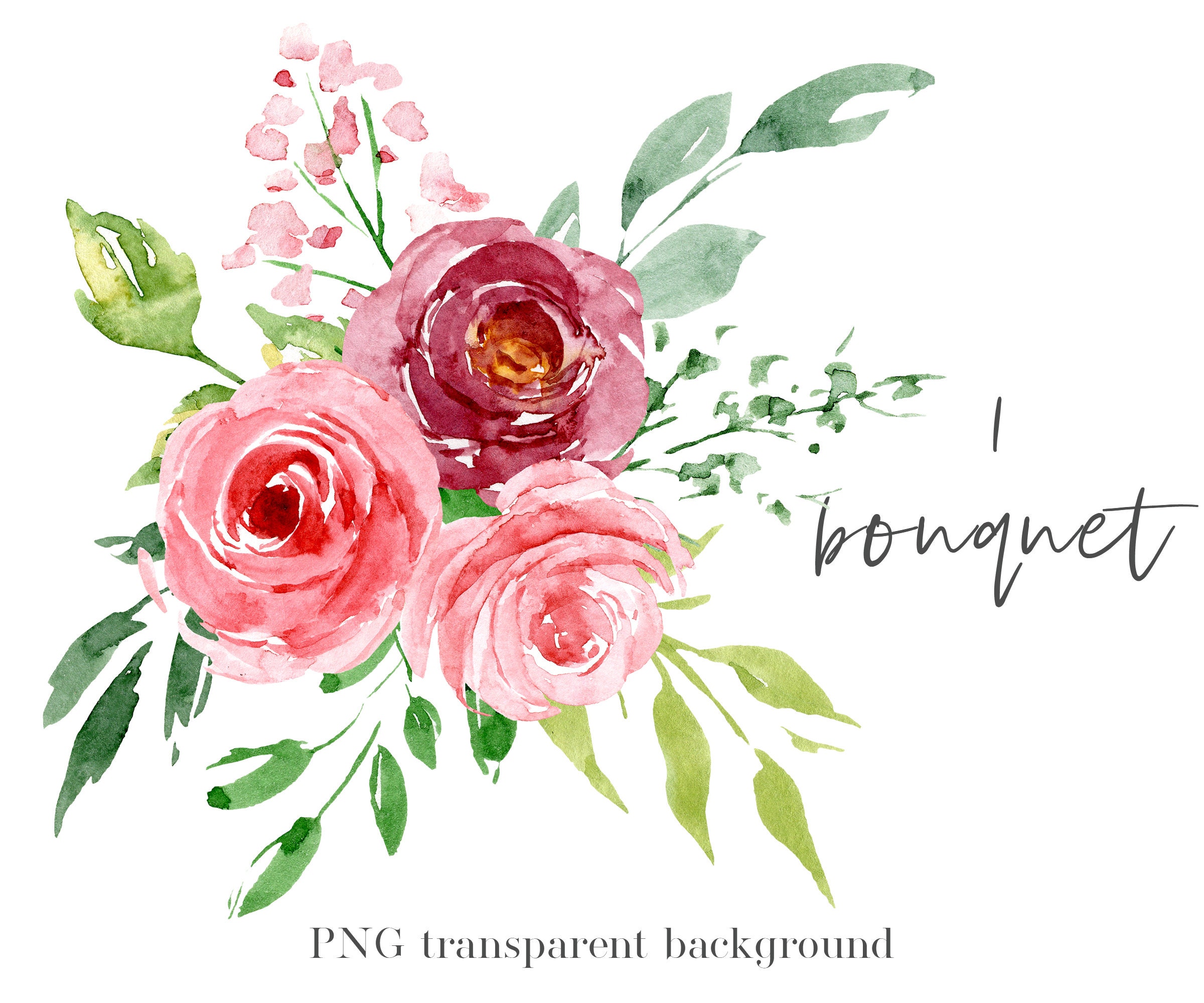 Download Watercolor Flower Clipart Bouquet With Pink Flowers Of Png Etsy