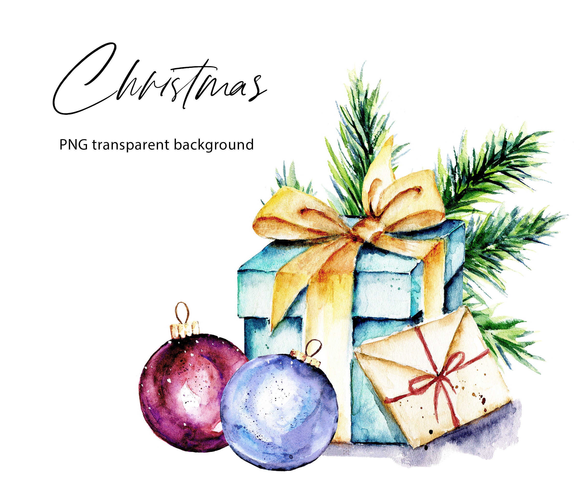 Aquarell Weihnachten Clipart Geschenk-Box Fichte Zweig | Etsy