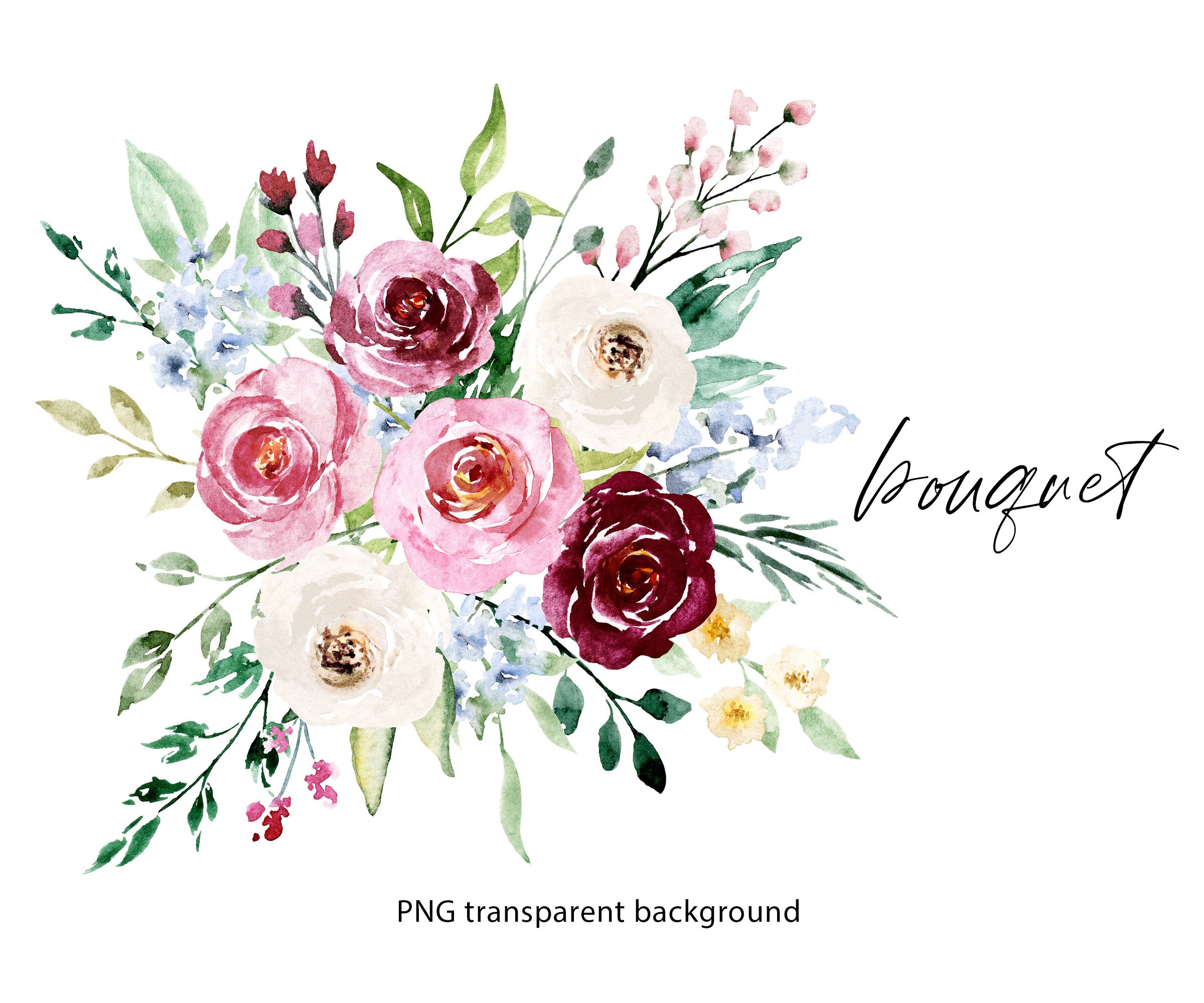 Watercolor flowers clipart burgundy pink bouquet of PNG file | Etsy