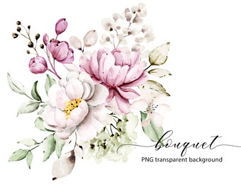 Flowers bouquet, watercolor clipart, peonies floral clipart, PNG file with transparent background, aquarelle clipart, Free Commercial Use