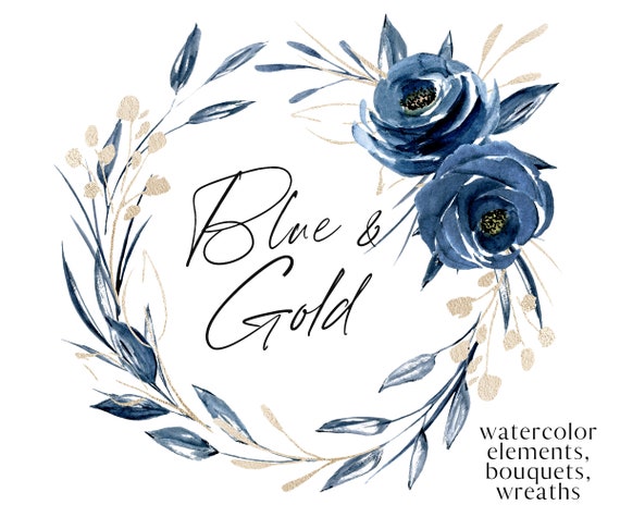 Watercolor Flowers Clipart Set Navy Blue Bouquets Wreaths Etsy