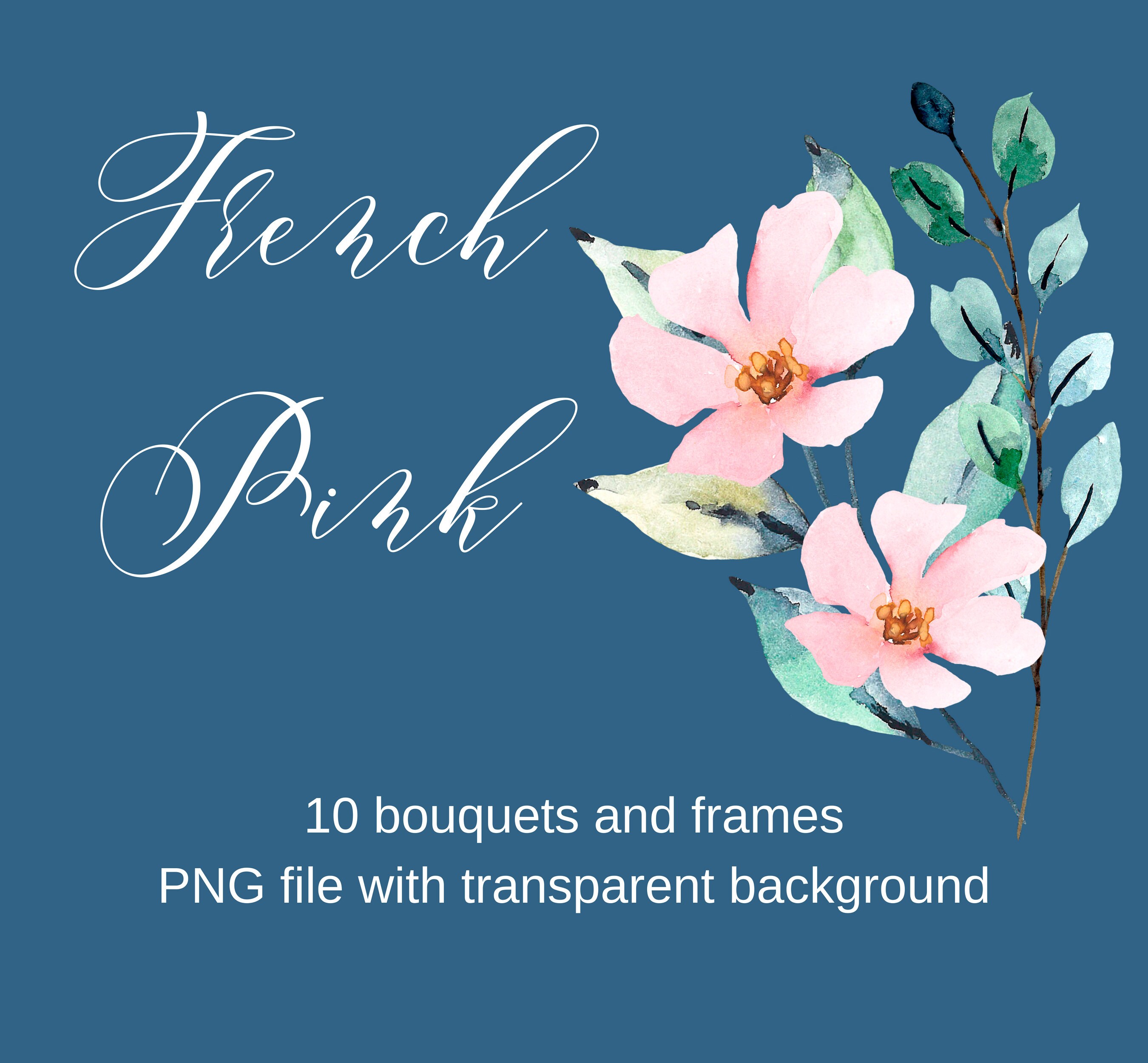 Watercolor Flower Clipart Set French Pink Aquarelle Floral Etsy