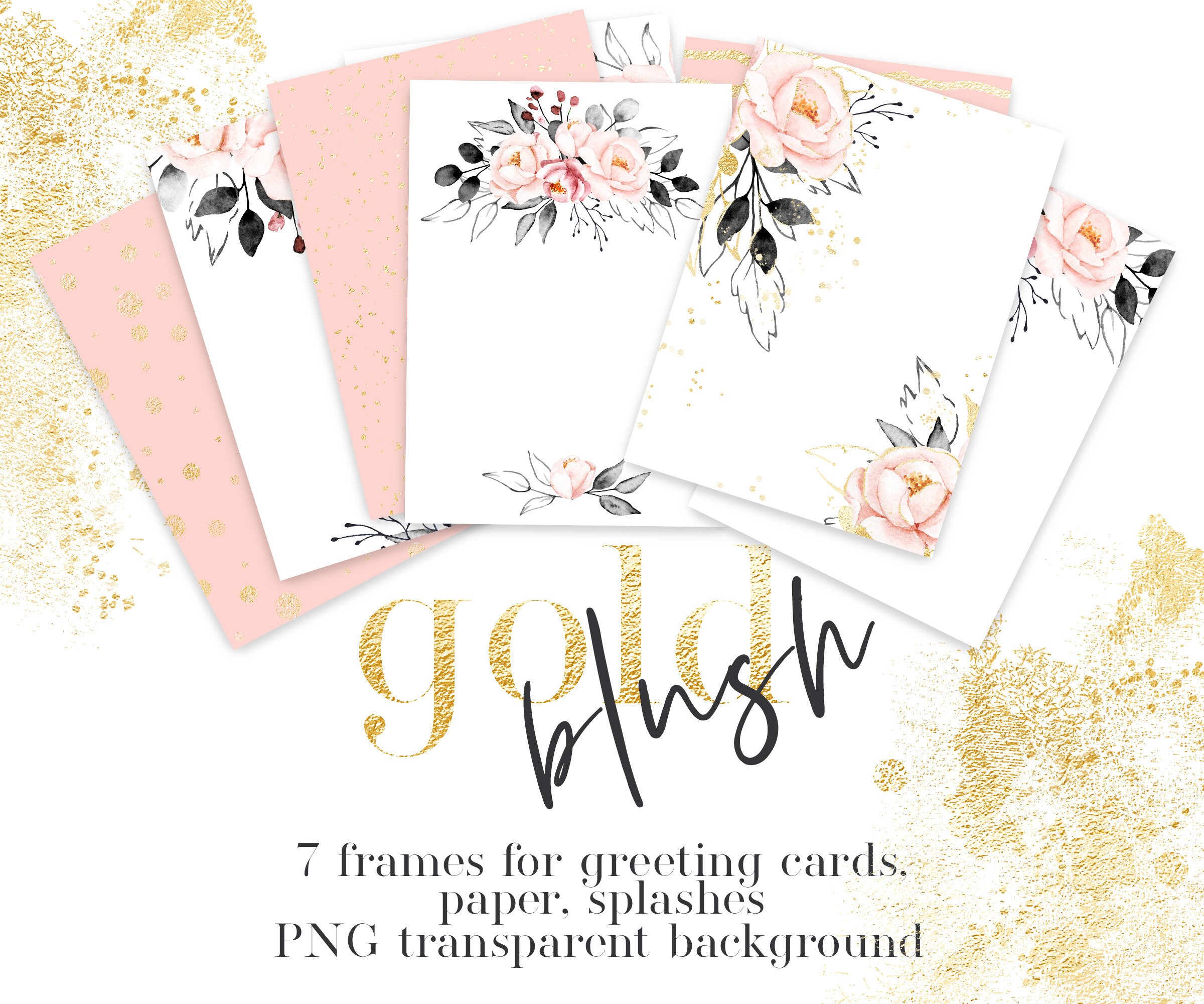 Rahmen Grußkarten Aquarell gold erröten rosa Blumen / PNG | Etsy