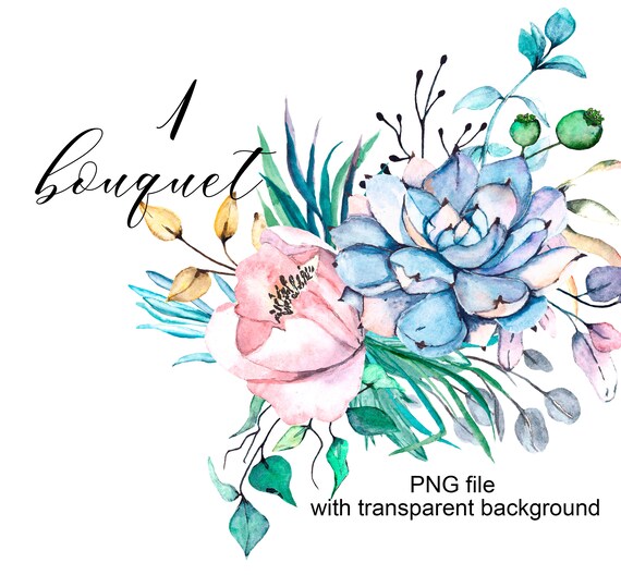 Watercolor Flower Bouquet Of Png File With Transparent Background Blue And Pink Floral Aquarelle Clipart Free Commercial Use