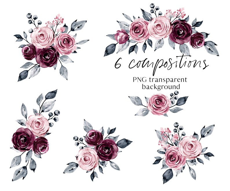 Watercolor flowers clipart set dusty pink & burgundy roses | Etsy