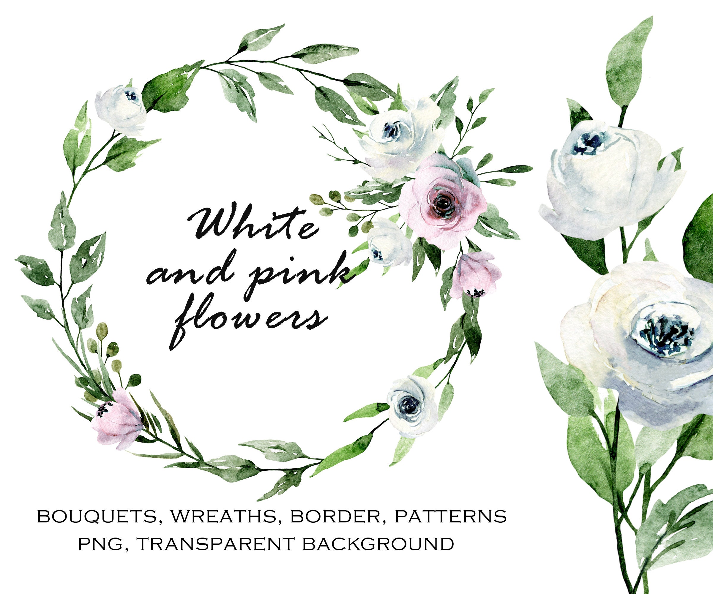 Watercolor flowers white and pink clipart set bouquets | Etsy