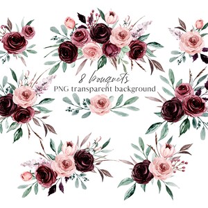 Watercolor flowers clipart set burgundy & pink bouquets | Etsy