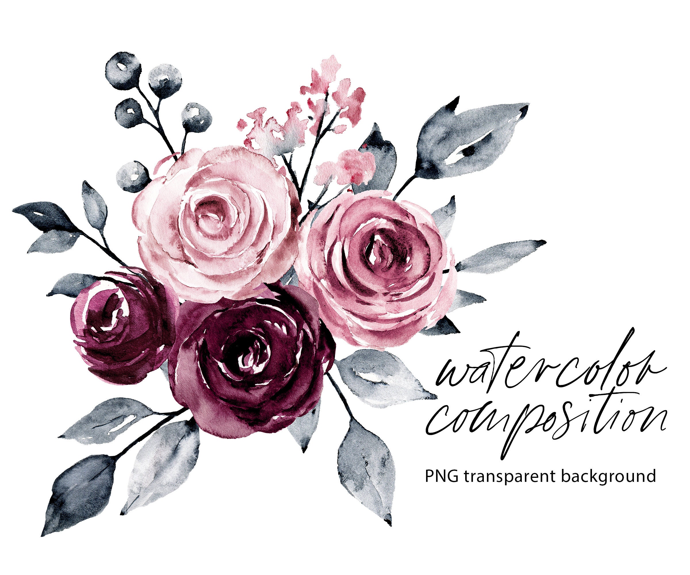 Flower clipart watercolor pink burgundy flowers digital | Etsy