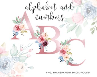 Floral alphabet, watercolor clipart with flowers, letters, monogram, initials, numbers. PNG transparent background, Free Commercial Use