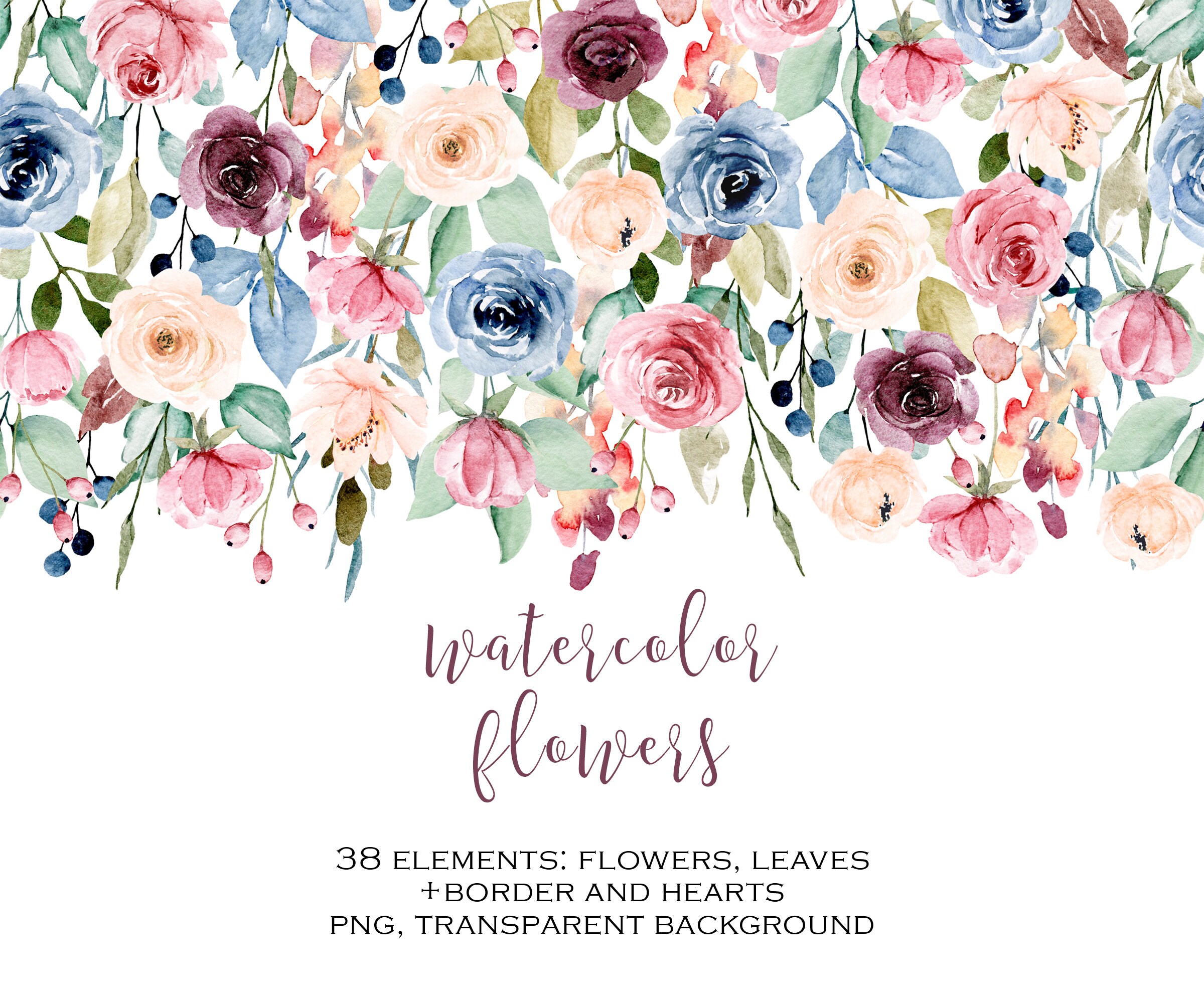 Download Watercolor Flowers Clipart Floral Clipart Set Aquarelle Drop Heart Flower And Leaves Png Transparent Background Free