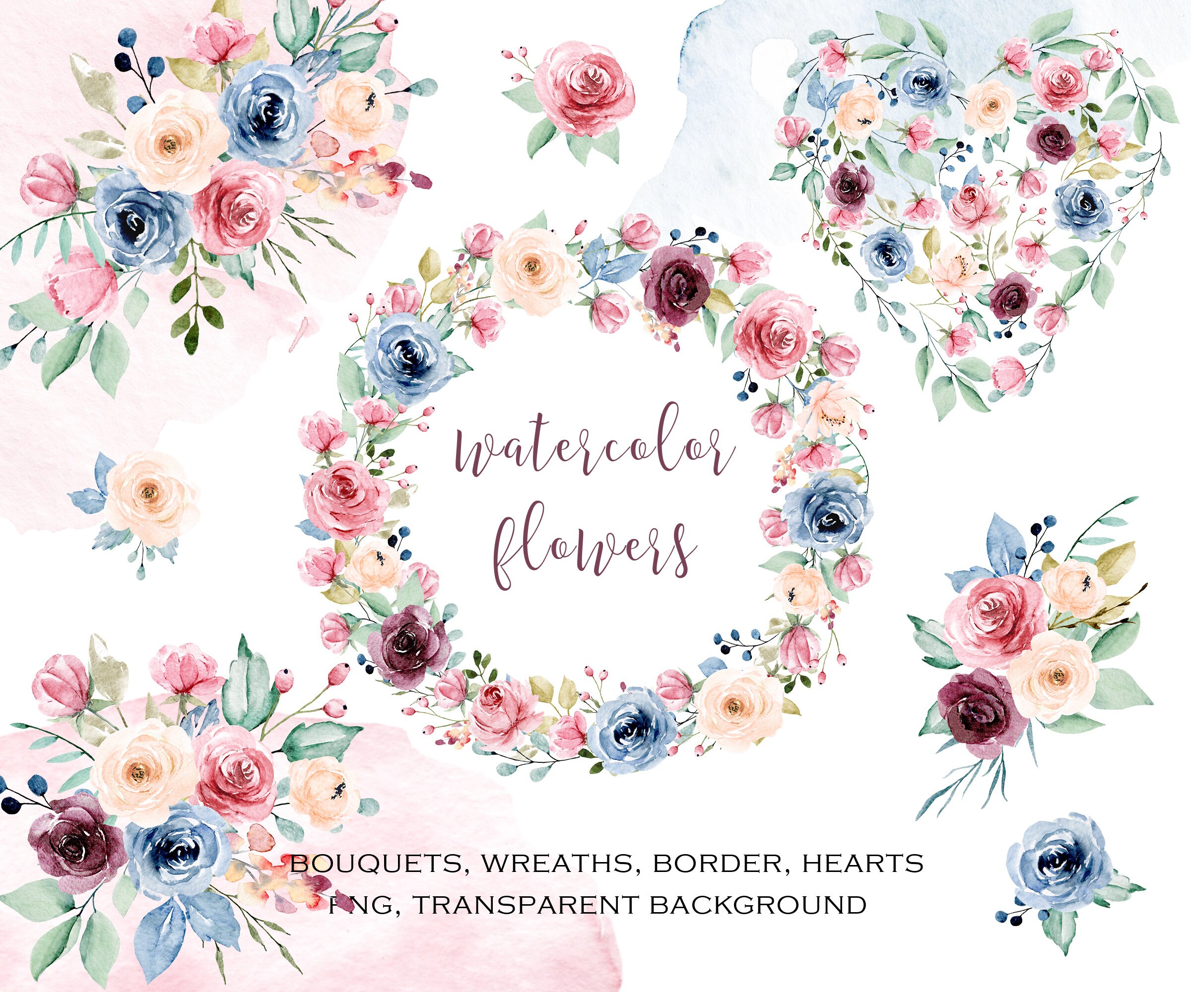 Download Watercolor Flowers Clipart Set Bouquets Wreaths Border Etsy