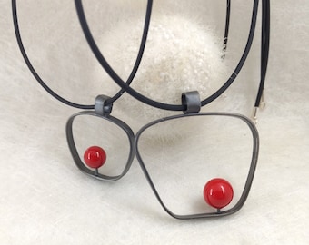 PoP - black Sterling Silver pendants with intense red glass bead - 2 sizes