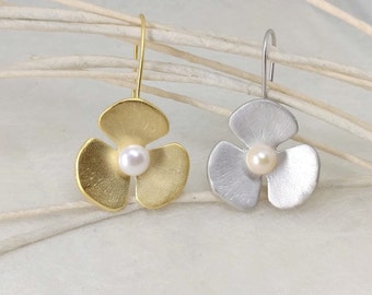 LoRe - big Sterling Silver dangle earrings with white pearl,  rhodium or 18 Karat gold plated