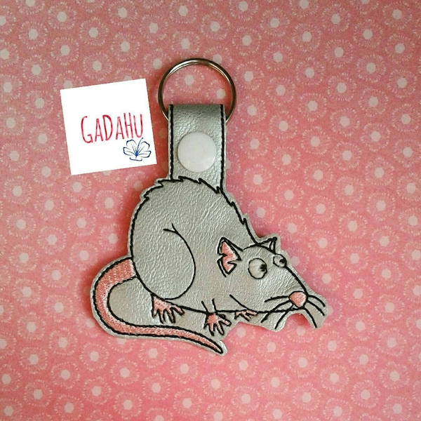 Cute rat Key Fob Snap Tab Embroidery Design 4X4 size. Animal Key fob